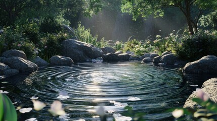 Gentle water ripples add a meditative flow to the UI