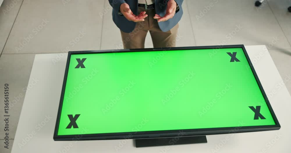 Poster Green screen, planning and person with monitor, office and online for ad campaign with tech and hands. Tracking markers, mockup and checking target audience with app, employee and closeup on website
