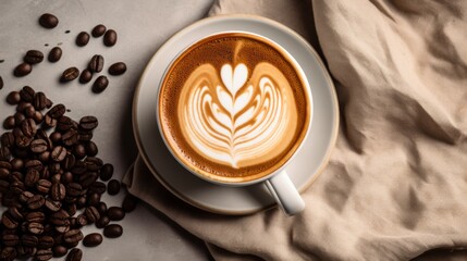 Freshly brewed coffee with latte art design.