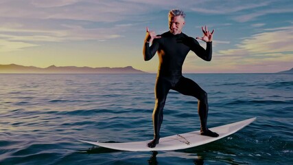Slow motion montage of a surfer performing various tricks on a surfboard at sunset, showcasing balance, skill, and the beauty of the sport against a scenic ocean backdrop