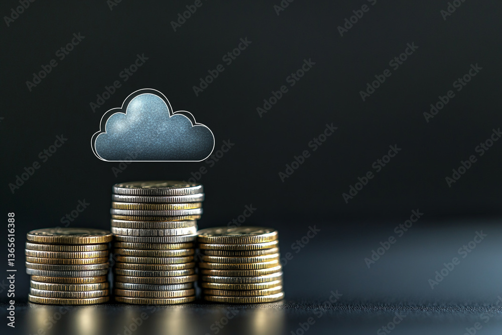 Poster stacks of coins with a cloud above them on a dark background representing cloud computing costs