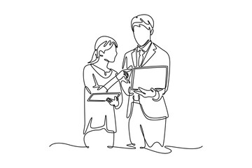 business group talking in office. Technology in business concept. Single line draw design. Vector graphic illustration