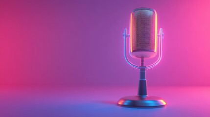 Retro microphone illuminated with vivid neon colors in a stylish setting, perfect for music, podcasting, or creative projects capturing sound and culture.