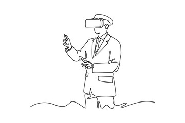 Businessman in vr glasses. Technology in business concept. Single line draw design. Vector graphic illustration