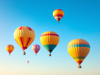 Fototapeta premium Colorful hot air balloons floating in the sky at sunrise over a scenic landscape.