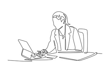 Business woman working with documents using calculator and laptop computer. Technology in business concept. Single line draw design. Vector graphic illustration