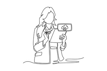 Hand touching Secure Access Service Edge icon on smartphone virtual screen. Technology in business concept. Single line draw design. Vector graphic illustration