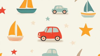 Colorful pattern featuring boats, cars, and stars on a soft background suitable for children's products, textiles, and playful designs