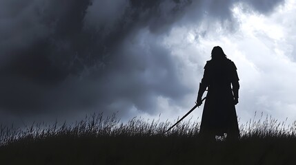 Lone Medieval Knight Wielding Sword Amid Stormy Skies