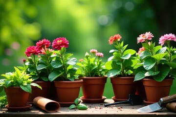 Fototapeta premium Overgrown terracotta pots, lush blooms, gardening tools , bloom, plants, watering can