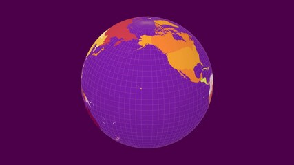 Rotating Earth. Slanted sphere view. Slow speed planet rotation. Colored countries style. World map with dense graticule lines on a purple background. Great animation. - Powered by Adobe