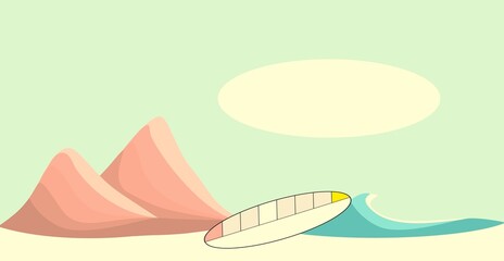 Beach surf illustration, Vintage, retro surfing business concepts. Minimalist surfing icon. Travel, vacation, hobbies, activities. Artistic pastel patterns. Surfboard, mountains, ocean waves