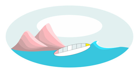 Beach surf illustration, Vintage, retro surfing business concepts. Minimalist surfing icon. Travel, vacation, hobbies, activities. Artistic pastel patterns. Surfboard, mountains, ocean waves. PNG