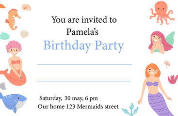 Mermaid-themed birthday party invitation with colorful sea creatures.