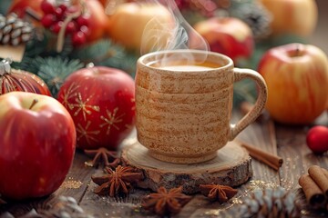 Seasonal decorations surround a steaming cup of hot cider in the photo.