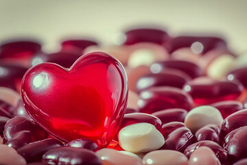 Heart-Shaped Candy on Colorful Jelly Beans. Banner for National Triglycerides Day.