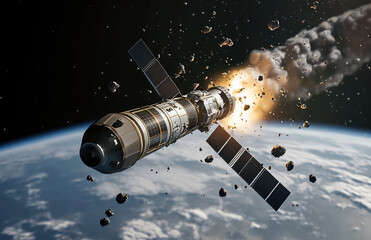 Satellite explosion in space with debris field and earth visible in the background view from space