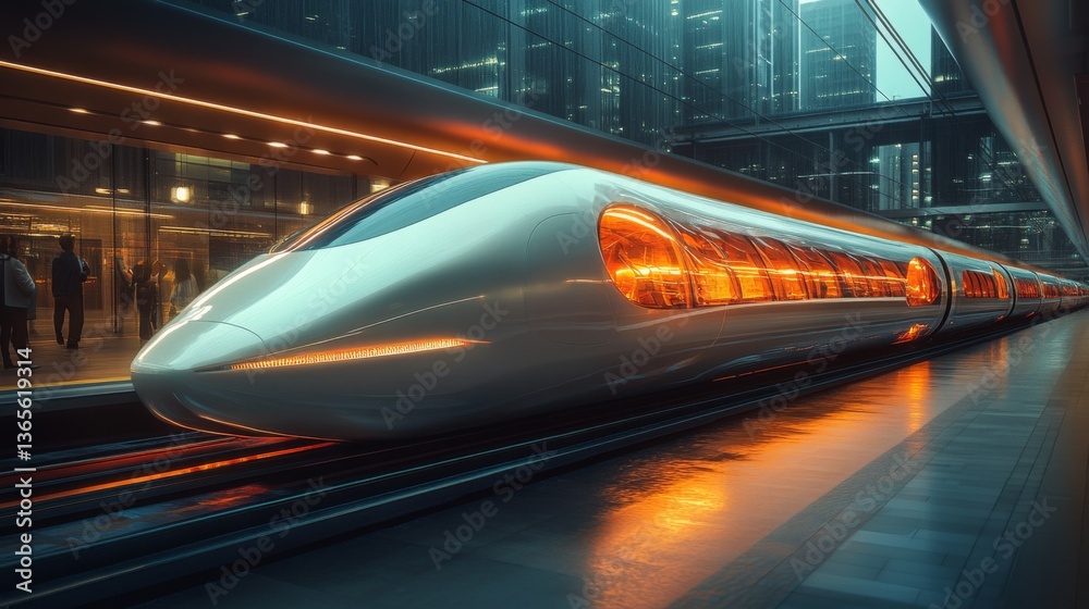 Aufkleber A high speed maglev train stands at a sleek urban terminal, illuminated by futuristic lighting, while travelers wait for departure in an advanced transportation setting.