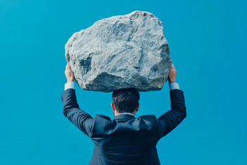 A man in a suit holding a large rock over his head against a blue sky background in outdoor shot