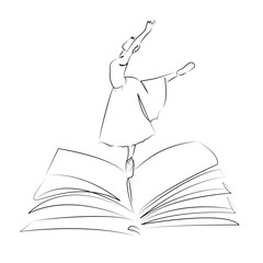 One continuous line art drawing flat illustration book, ballet, dancer, person, dance, dancing, reading, female, ballet dancer. Isolated image hand draw outline on white background
