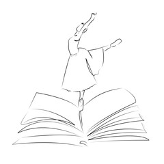 One continuous line art drawing flat illustration book, ballet, dancer, person, dance, dancing, reading, female, ballet dancer. Isolated image hand draw outline on white background