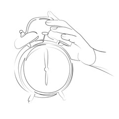 One continuous line art drawing flat illustration time, clock, alarm, deadline, timer, person, concept, hand, morning, bell. Isolated image hand draw outline on white background