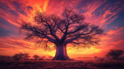 Obraz premium Majestic tree at vibrant sunrise. A large, ancient tree stands alone amidst a breathtaking sunrise. Its silhouette stands out against the fiery, colorful sky