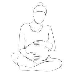 One continuous line art drawing flat illustration yoga, woman, female, pregnant, sport, adult, lifestyle, meditating, mother. Isolated image hand draw outline on white background