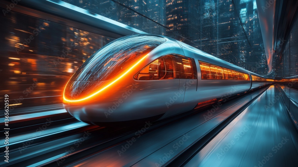 Poster a sleek high speed maglev train moves swiftly through a vibrant urban landscape at night, illuminate