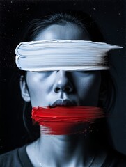 A stark portrait with a person's face obscured by white and red paint strokes, set against a starry background, suggesting silenced expression.