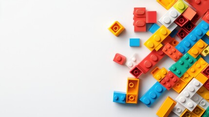 Fototapeta premium Colorful Building Blocks Spread Across a White Surface Suitable for Creative Play and Imagination in Educational Environments and Children's Activities