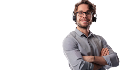 Smiling male call center agent wearing headset with transparent background