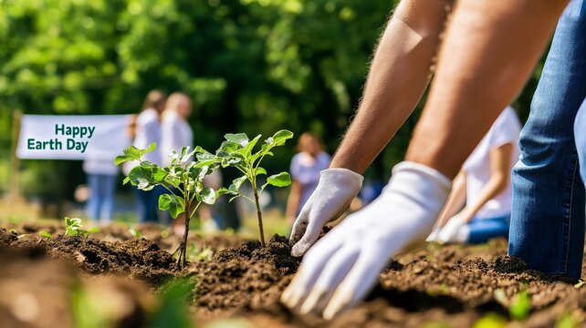 Earth day celebration with green trees.Diverse group of volunteers planting young saplings in sunlit urban park, teamwork for environmental conservation with eco-friendly clothing and reusable gloves. - Powered by Adobe