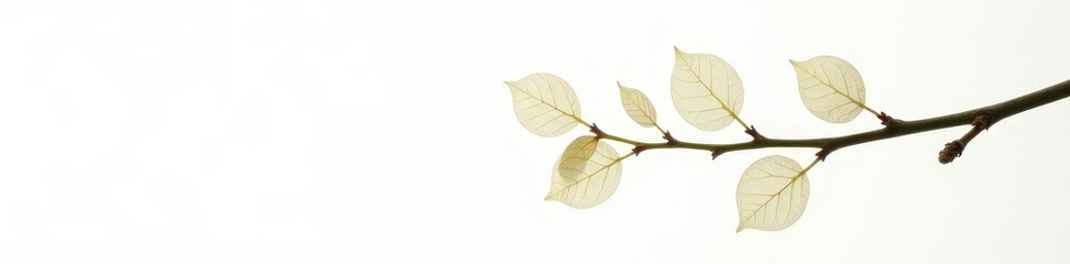 A single isolated branch with delicate leaves against a clean white background, solitary, white background