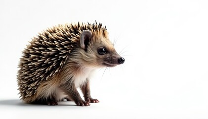 Fototapeta premium A single hedgehog, facing right, against a stark white backdrop, background, woodland, isolated