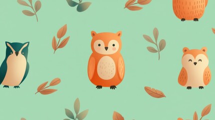 Cute Cartoon Owls and Leaves Pattern on Mint Background, Ideal for Kids' Decor, Clothing, Stationery, and Craft Projects for Creative Designs