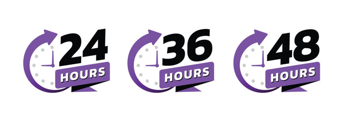 Hour timer icons. 24, 36 and 48 hours, clock face icon. Timer showing hours. Flat icon vector isolated on white background.