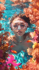 Woman gracefully diving into turquoise waters surrounded by vibrant coral reefs and colorful marine life