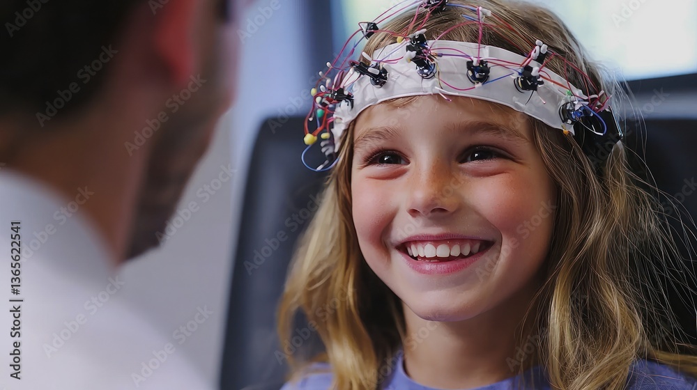Poster Child undergoing a pediatric EEG test with a smiling technician. 