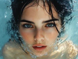 Beautiful young American woman swimming underwater in a serene pool environment in a sunny day