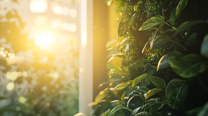 Close up of a vertical garden with sunlight streaming through a window in the background of the image