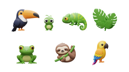 Naklejka premium Isolated Tropical Animals and Green Leaves Illustration on Transparent Background