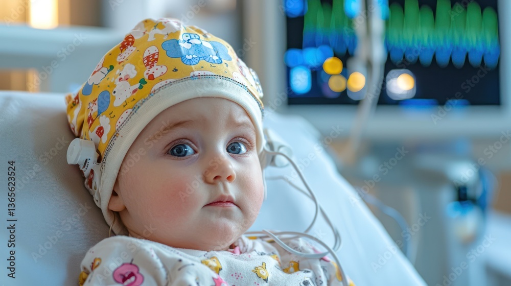 Poster Child with EEG cap connected to diagnostic equipment. 