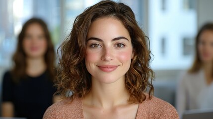 Fototapeta premium Confident and Cheerful Young Woman with Curly Hair Smiling Pleasantly in a Natural Portrait Pose Against a Blurred Background Conveying Happiness and Positivity
