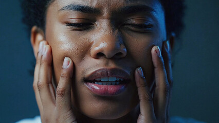 Pain and Agony: A close-up captures the raw emotion of pain on a woman's face as she clutches her cheeks, her eyes squeezed shut in anguish.