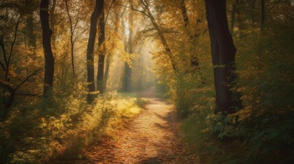 Obraz premium Serene forest path illuminated by autumn light.