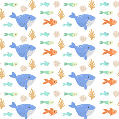 Whimsical marine life pattern with whales, fish, and coral.