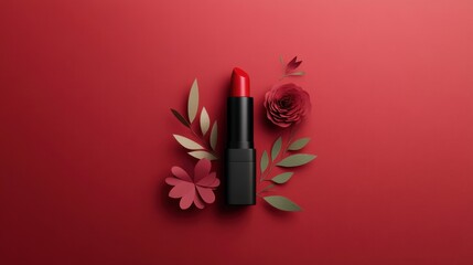 Bright Red Lipstick Surrounded by Beautiful Flowers and Leaves on a Vibrant Red Background Creating an Elegant and Feminine Composition