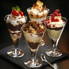 tiramisu in a glass on a dark background, close up, selective focus. 