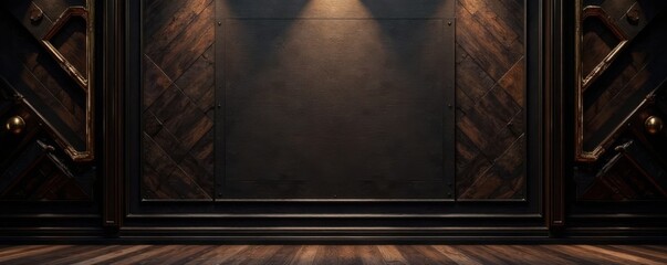 Richly patterned dark wood wall with geometric shapes and metallic accents, contemporary decor, metallic accents
